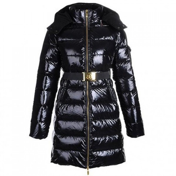 Moncler lungo nero Mock colletto e cintura caldo Cappotti uscita